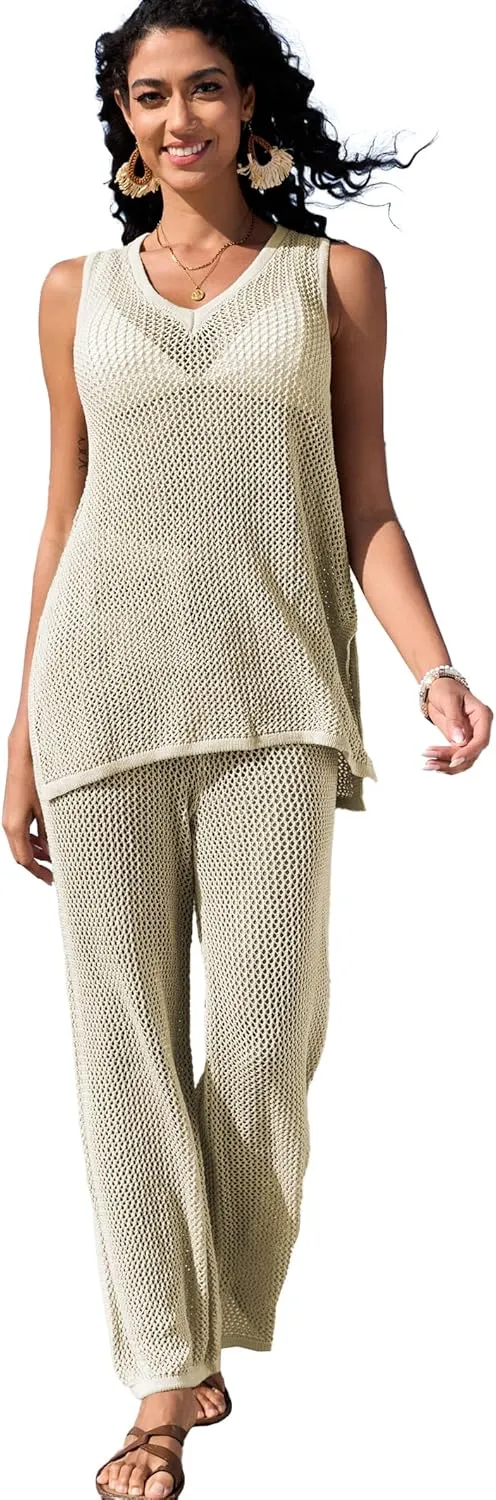 Famulily Womens 2 Piece Crochet Knit Outfits Summer Hollow Out Cover Up Sets Sleeveless Deep V Neck Top and Wide Leg Pants