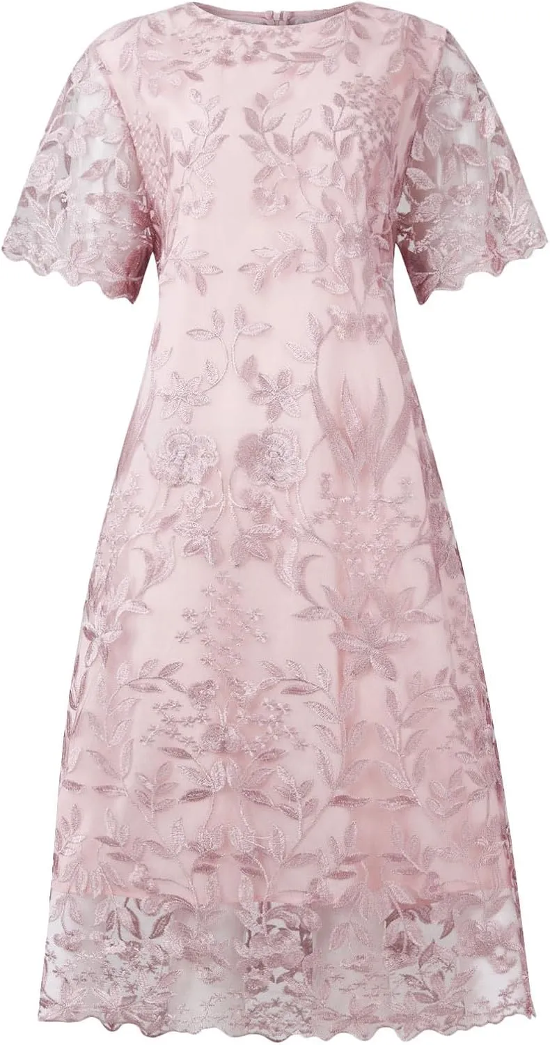 Fashion Plus Size Lace Chiffon Dresses Women Cocktail Wedding Guest Midi Dress Round Neck Short Sleeve Bodycon Dress