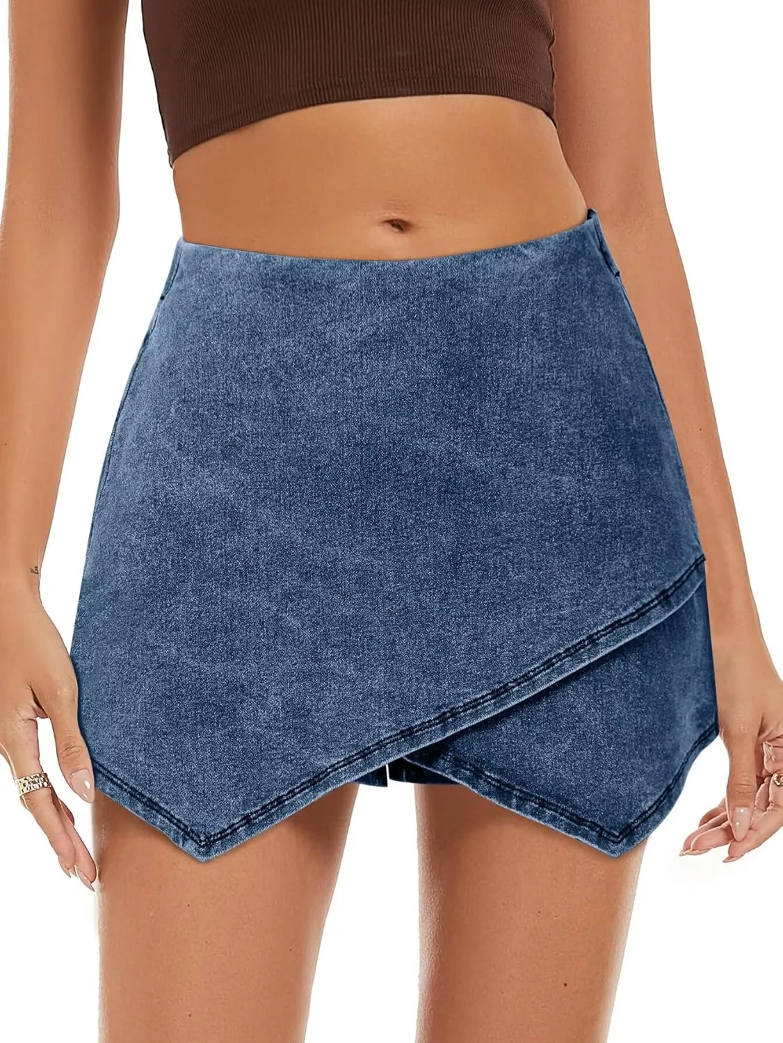 FEKOAFE Denim Skorts for Woman 2025 High Waist Trendy Slit Stretchy Y2K Denim Wrap Skirt with Shorts