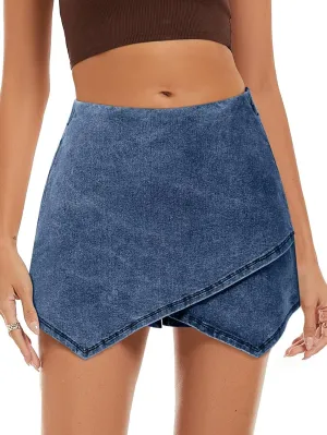 FEKOAFE Denim Skorts for Woman 2025 High Waist Trendy Slit Stretchy Y2K Denim Wrap Skirt with Shorts