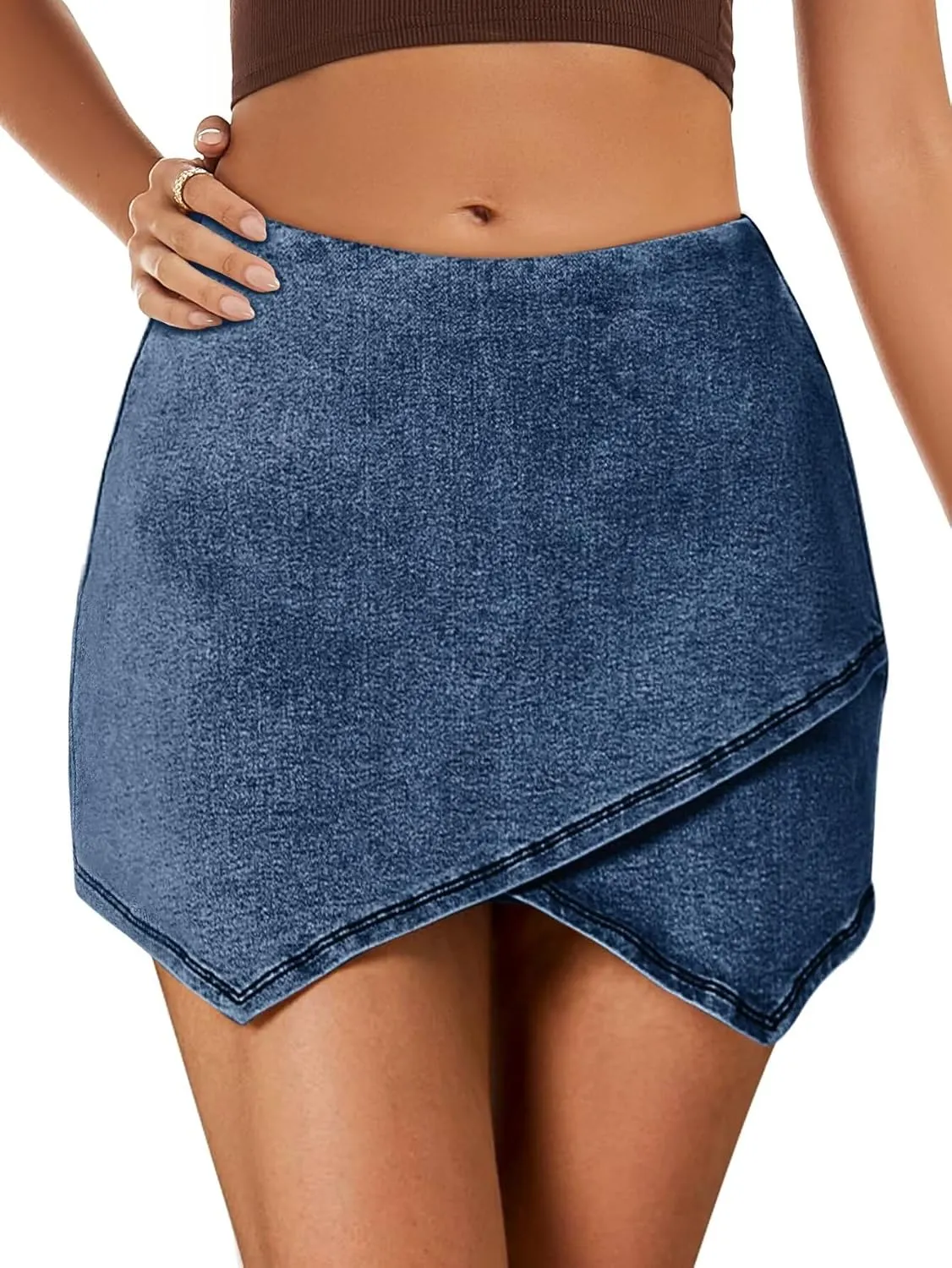 FEKOAFE Denim Skorts for Woman 2025 High Waist Trendy Slit Stretchy Y2K Denim Wrap Skirt with Shorts