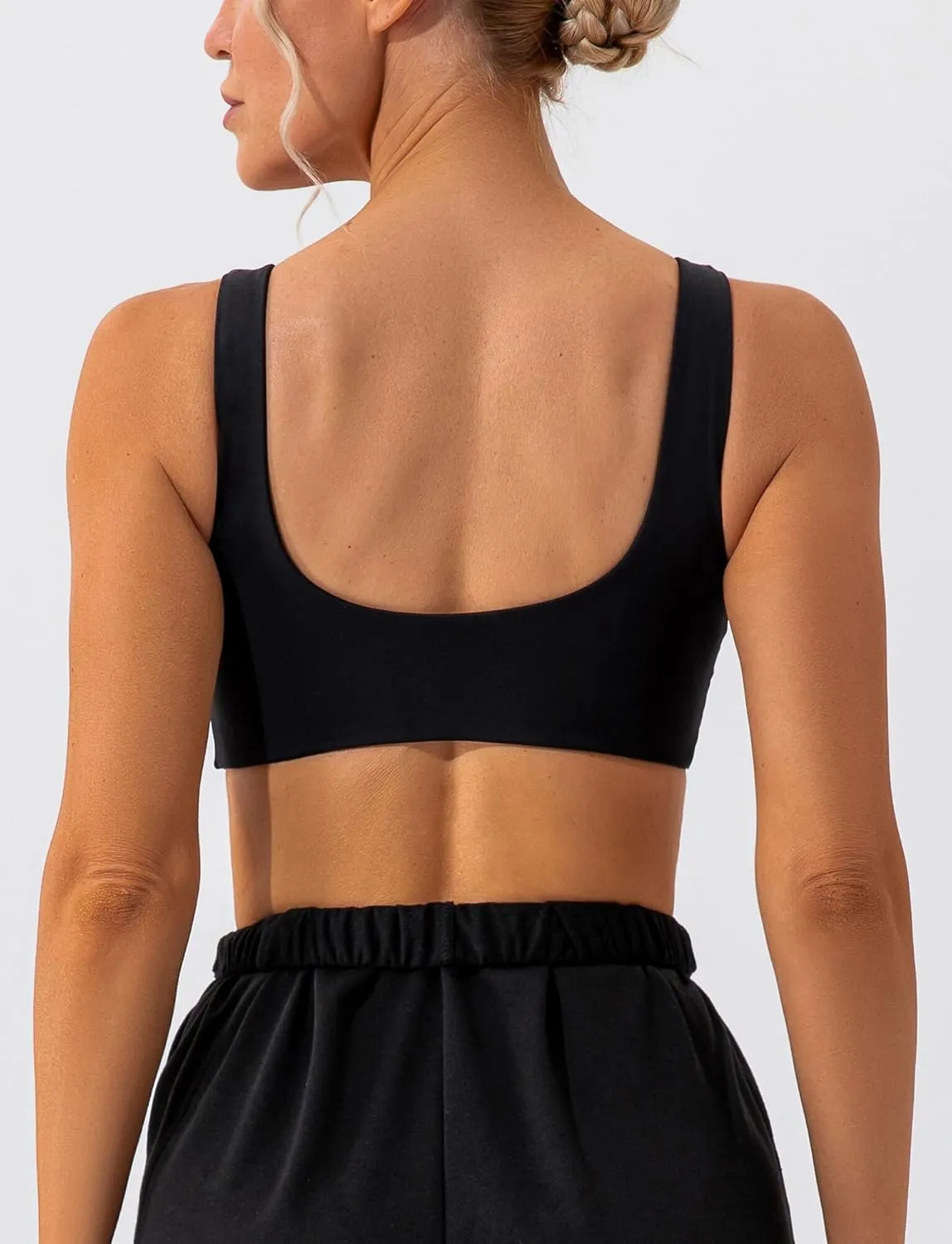 FEOYA Scoop Neck Sexy Sports Bra for Women Padded Low Cut Low Impact Workout Fitness Bra U Back Curved Sculpt Bra