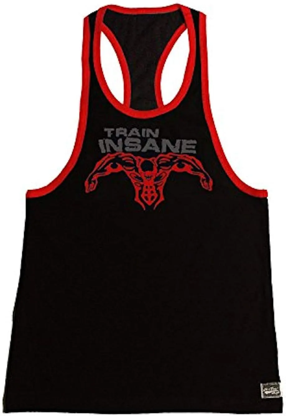 Fitted Black/Red Stringer Hardcore Bodybuilder Tank Top with Grey Train Insane and Red Super Hero Design