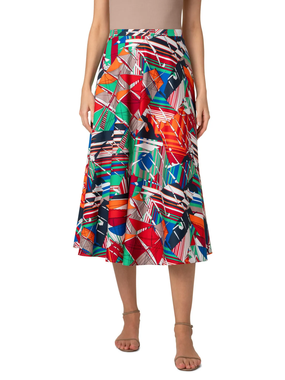 Flared Cotton Midi Skirt with Sea Clipper Print