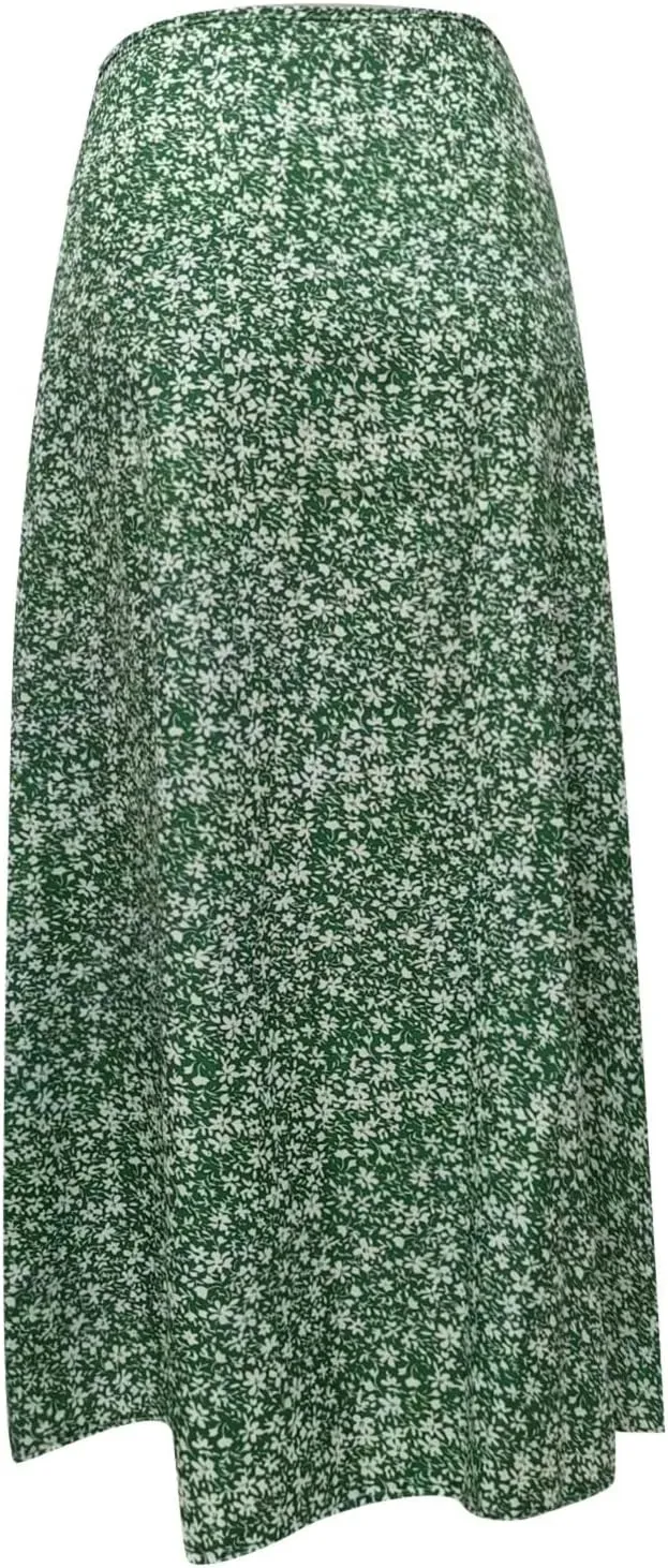 Floral Midi Skirt for Women by Women's Printed Maxi Skirt Bohemian Style Long Flowy Skirt Jean Skirt for (Green, S)