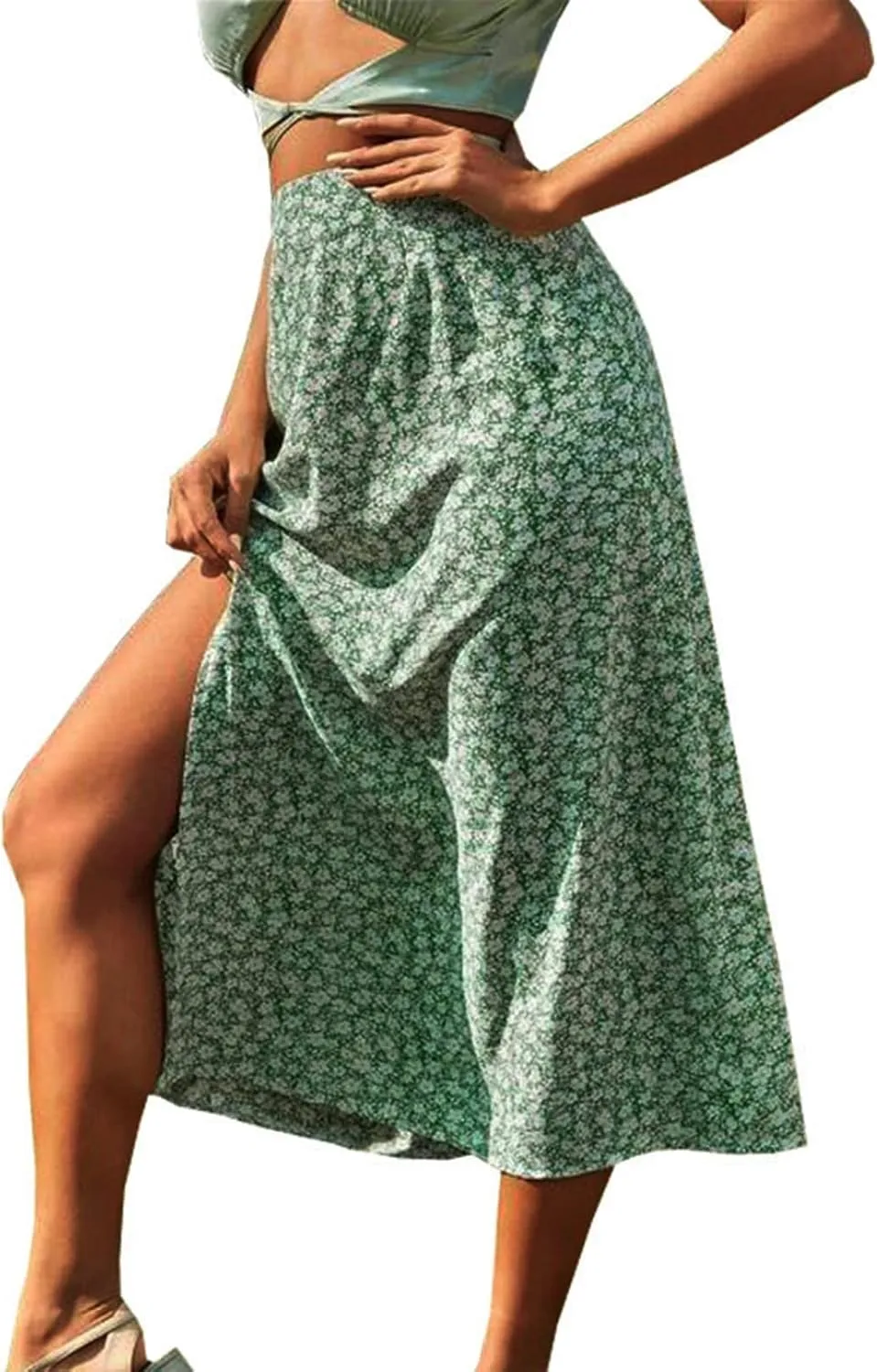 Floral Midi Skirt for Women by Women's Printed Maxi Skirt Bohemian Style Long Flowy Skirt Jean Skirt for (Green, S)