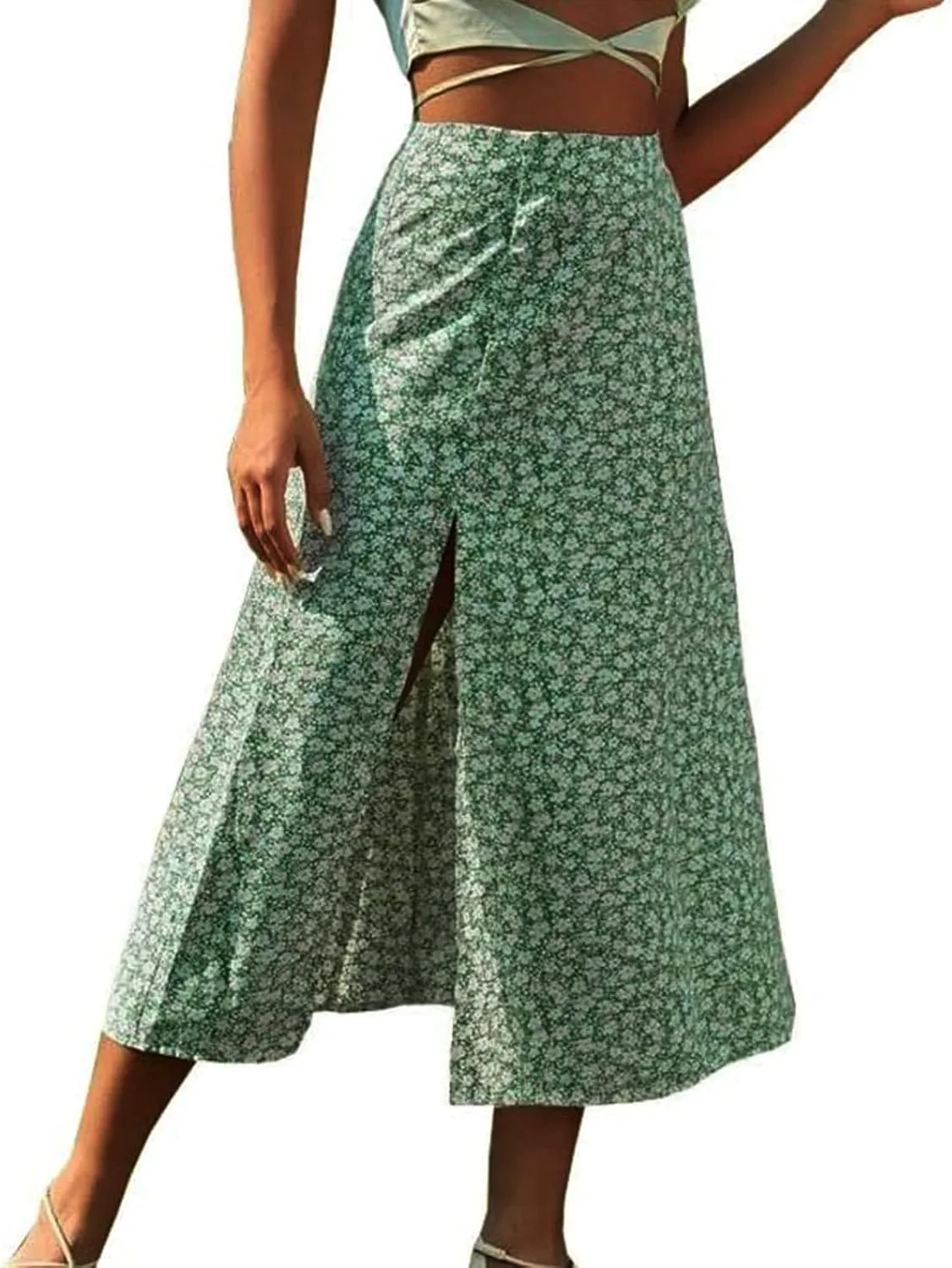Floral Midi Skirt for Women by Women's Printed Maxi Skirt Bohemian Style Long Flowy Skirt Jean Skirt for (Green, S)