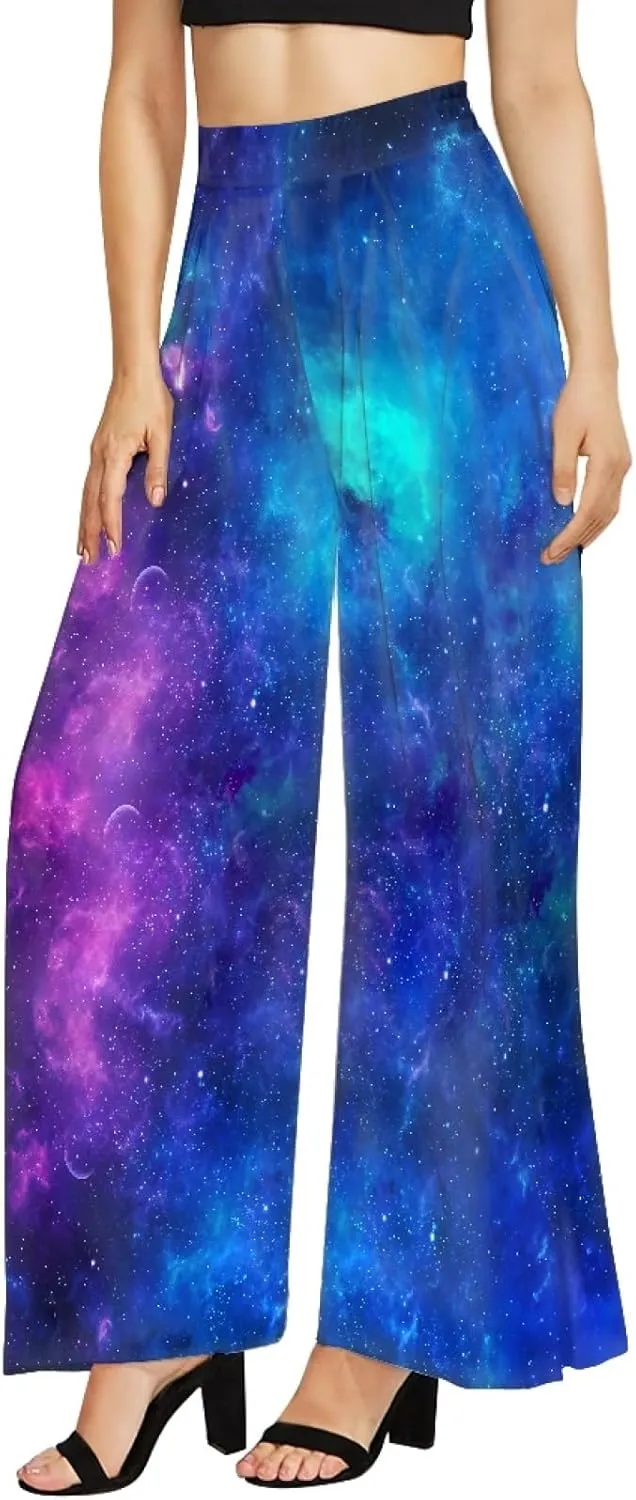 Forchrinse Pink Plum Blossom Womens Wide Leg Pants High Waist Long Palazzo Pants Floral Flared Lounge Pants Plus Size