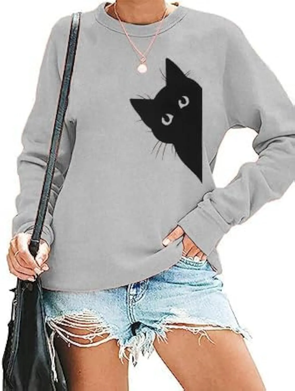 FRYAID Cat Sweatshirt Women Funny Black Cat Graphic Sweater Casual Cat Crewneck Holiday Long Sleeve Hoodie Pullover Top