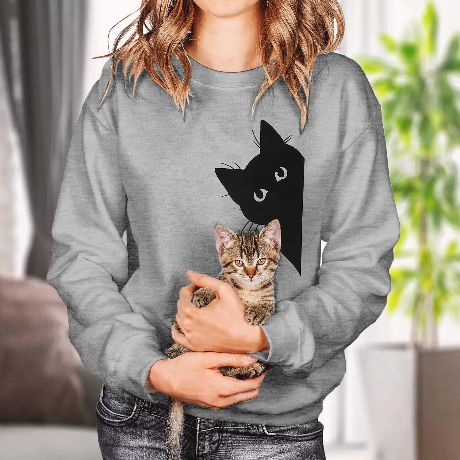 FRYAID Cat Sweatshirt Women Funny Black Cat Graphic Sweater Casual Cat Crewneck Holiday Long Sleeve Hoodie Pullover Top