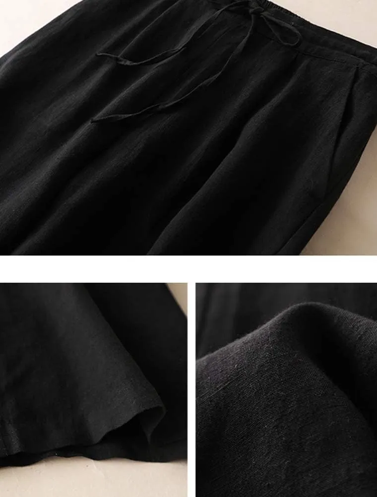 FTCayanz Women's Linen Cropped Wide Leg Pants Elastic Waist Casual Palazzo Trousers with Pockets