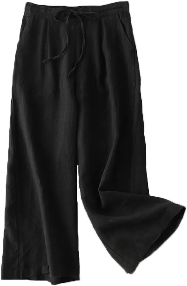 FTCayanz Women's Linen Cropped Wide Leg Pants Elastic Waist Casual Palazzo Trousers with Pockets