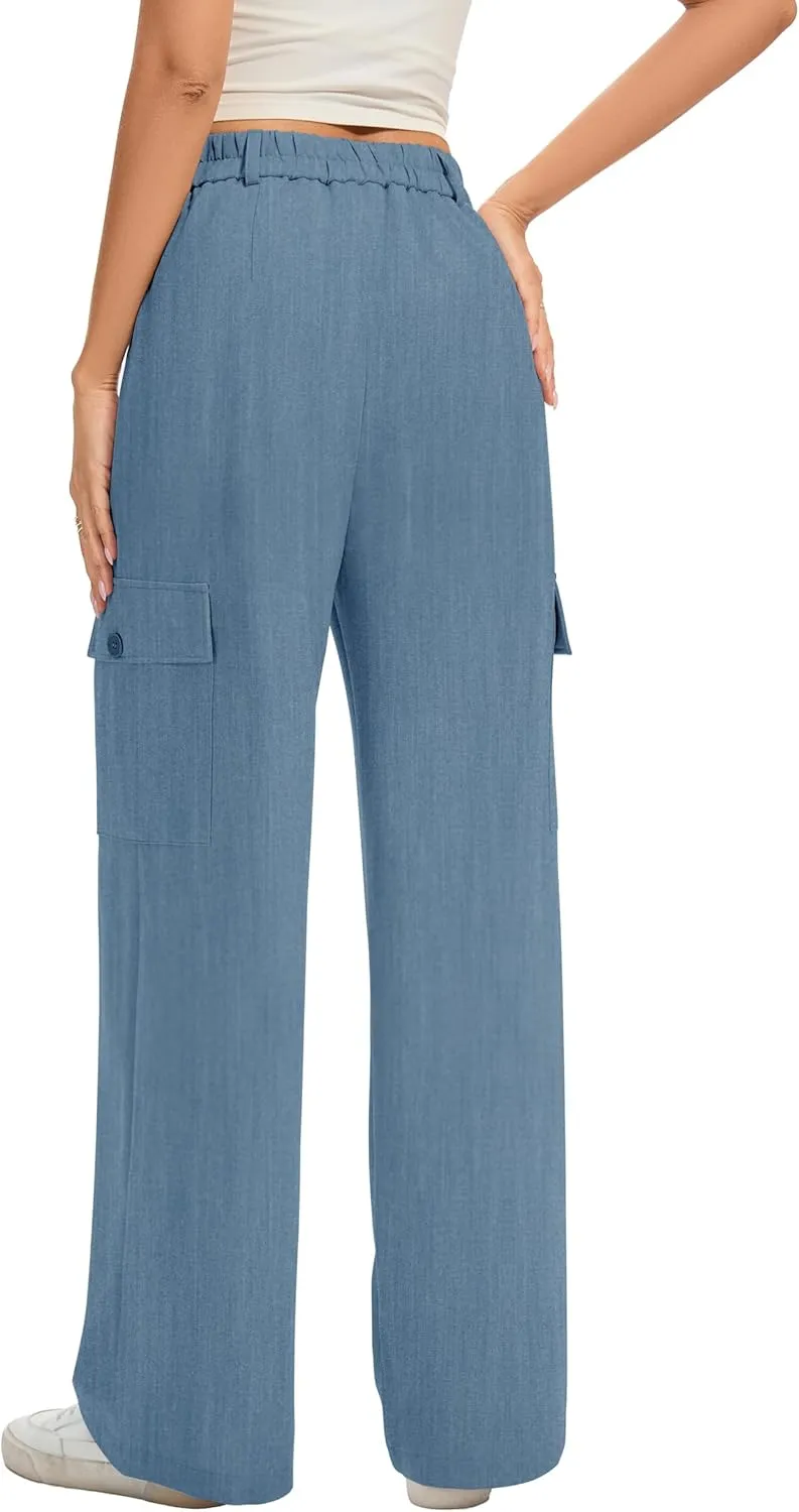 FUNYYZO 2025 Women Long Casual Pants High Waisted Pants Y2K Casual Wide Leg Elastic Waist Trousers