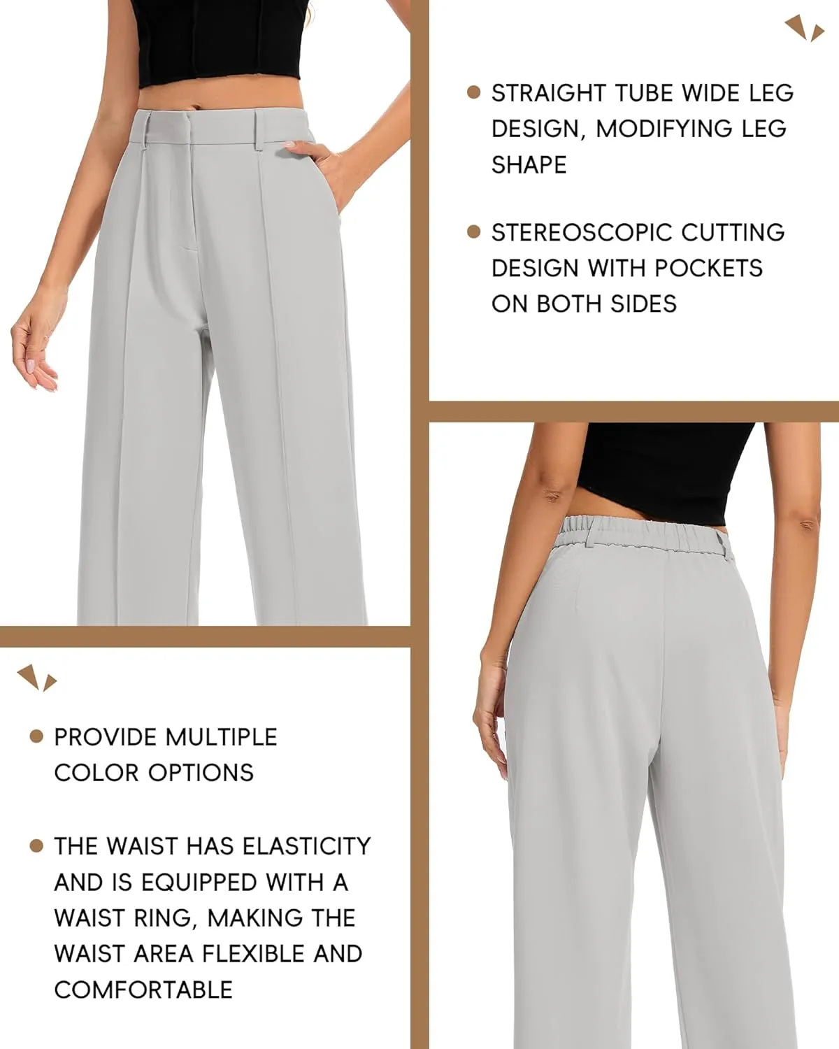FUNYYZO Women Long Dress Pants High Waisted Work Pants Dressy Casual Straight Leg Elastic Waist Trousers