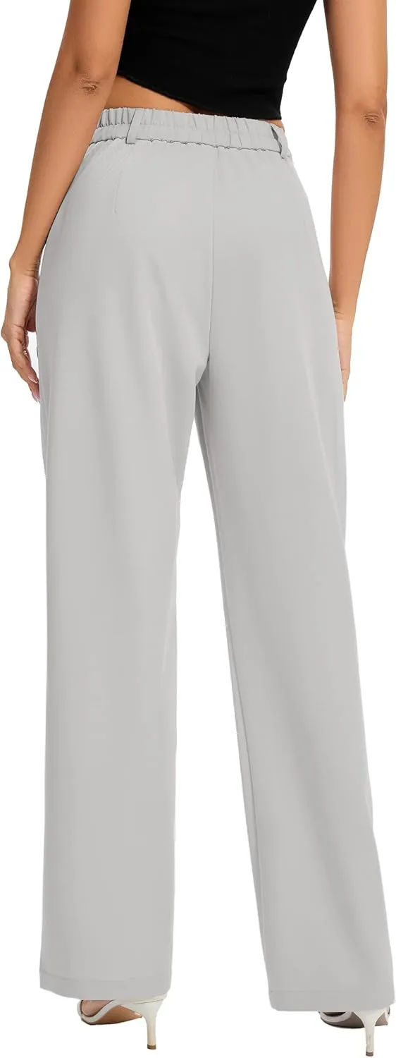 FUNYYZO Women Long Dress Pants High Waisted Work Pants Dressy Casual Straight Leg Elastic Waist Trousers