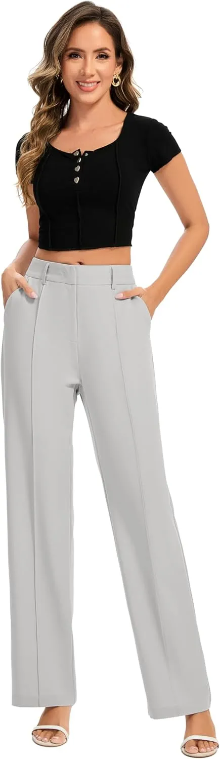 FUNYYZO Women Long Dress Pants High Waisted Work Pants Dressy Casual Straight Leg Elastic Waist Trousers