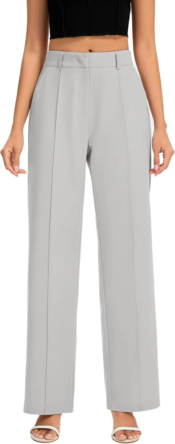 FUNYYZO Women Long Dress Pants High Waisted Work Pants Dressy Casual Straight Leg Elastic Waist Trousers