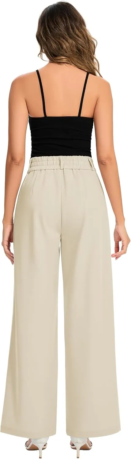FUNYYZO Women's Long Dress Pants High Waisted Work Pants Dressy Casual Wide Leg Elastic Waist Trousers