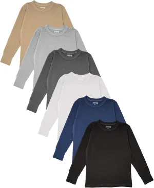 Girls/Boys/Toddler 6 Pack Athletic Performance Long Sleeve Undershirt Tops/Base Layer Cotton Stretch Shirts (6 Pack- Black/Khaki/White/Grey/Navy/Charcoal, 10/12)