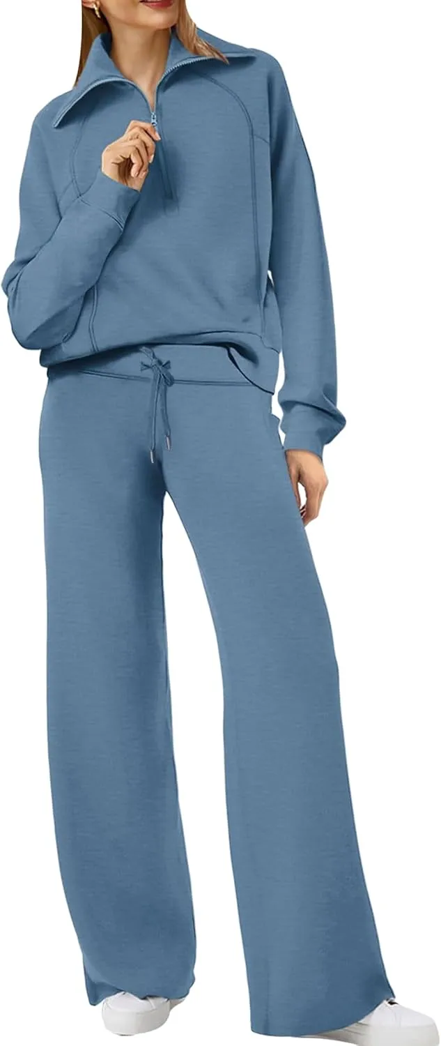 GORIFE Women's 2 Piece Lounge Set Lapel Fall Outfits Long Sleeve Tracksuit Half Zip Sweatsuit Matching Set