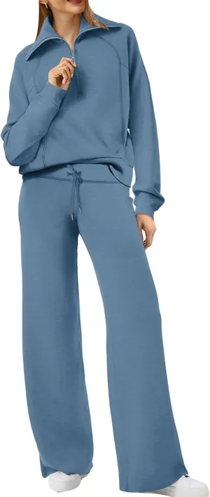 GORIFE Women's 2 Piece Lounge Set Lapel Fall Outfits Long Sleeve Tracksuit Half Zip Sweatsuit Matching Set