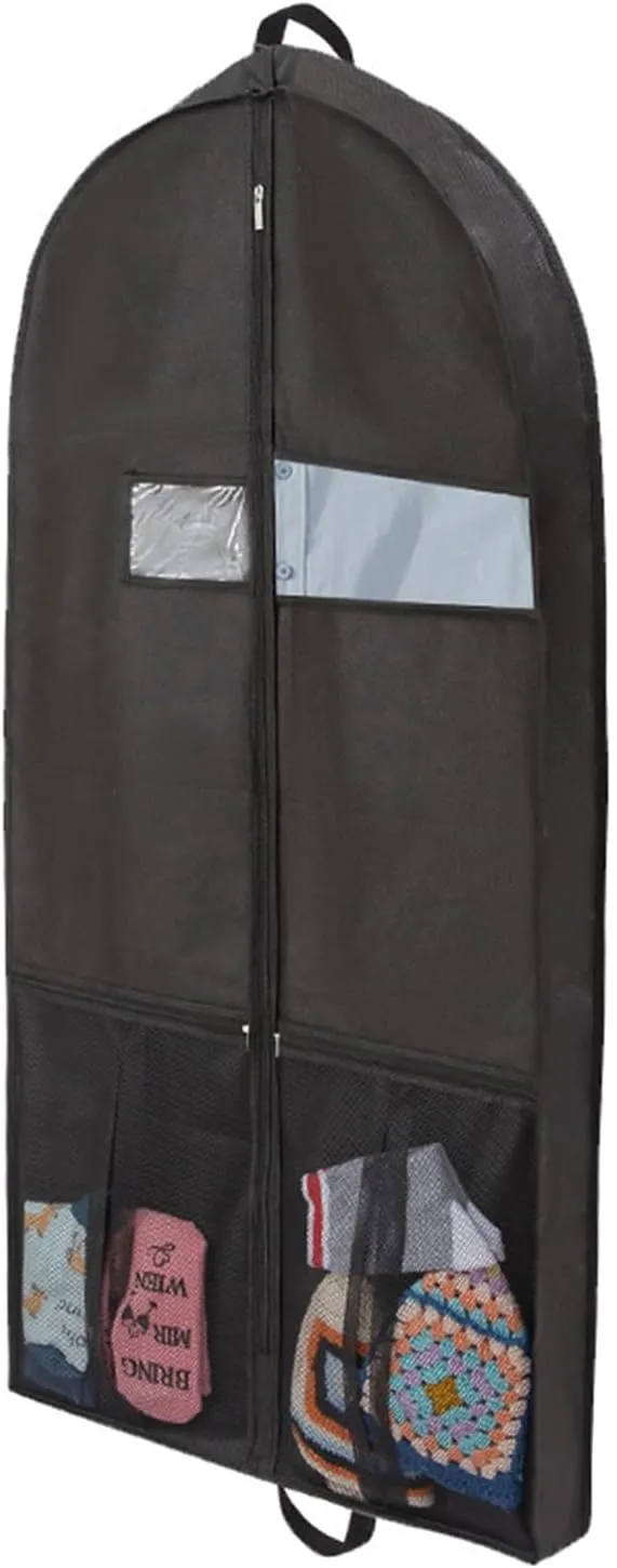 Grebest Travel Garment Bag with Handles Clear Window Non-woven Fabric Clothing Dust Cover Pvc Waterproof Label Pockets Heavy-duty Suit Foldable Black