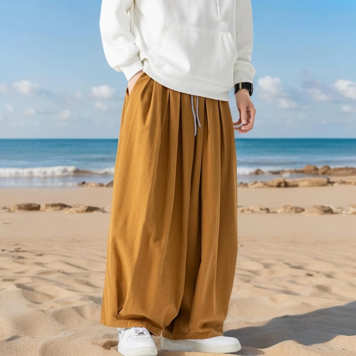 GURUNVANI Mens Wide Leg Harem Pants Japanese Loose Fit Pants Casual Elastic Waist Trouser