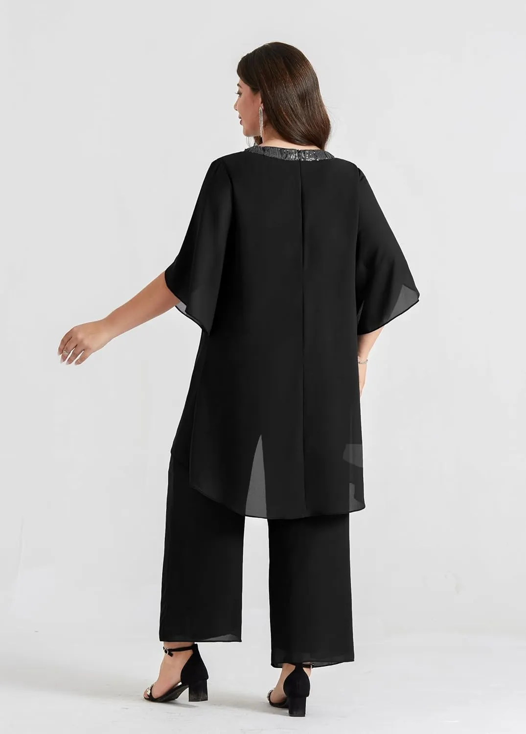 Hanna Nikole Plus Size Mother of The Bride Pant Suits 2 Piece Chiffon Sets Dressy Wedding Guest Outfit with High Low Hem