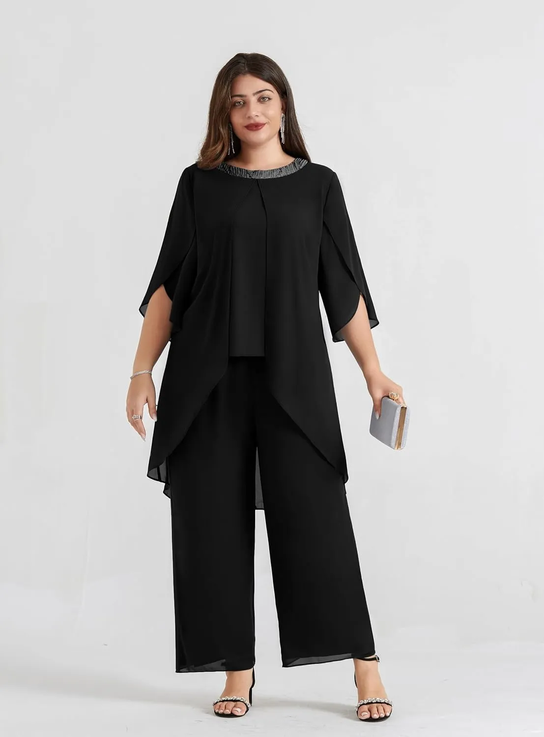 Hanna Nikole Plus Size Mother of The Bride Pant Suits 2 Piece Chiffon Sets Dressy Wedding Guest Outfit with High Low Hem