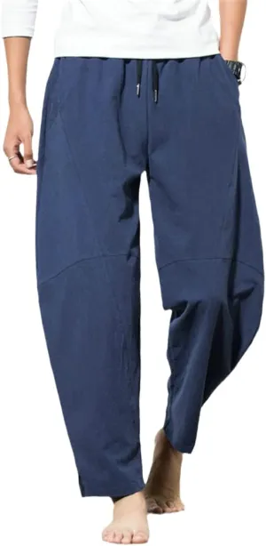 Harem Pants Men's Cotton Linen Loose Pants Male Casual Solid Color Pants Trousers Chinese Style Plus Size Sweatpants Dark Blue 4XL
