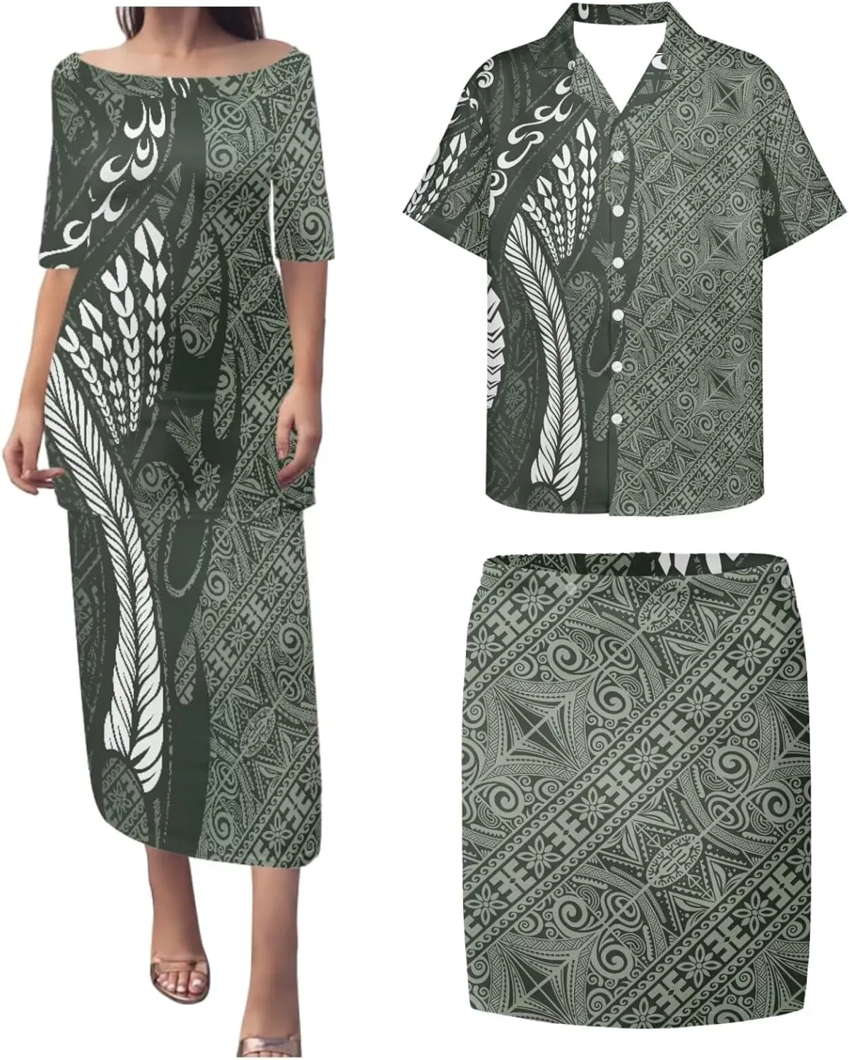 Hawaiian Dresses for Couples Polynesian Puletasi Samoan Traditional Dress with Shirt Pareo Sarong Lavalava Set