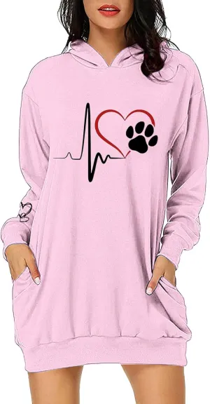 Heartbeat Paw Hoodie Dress for Women Long Sleeve Hooded Sweatshirt with Pockets Casual Oversize Pullover Fall Lounge