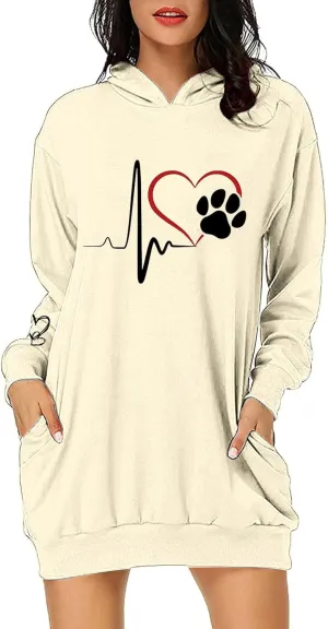 Heartbeat Paw Hoodie Dress for Women Long Sleeve Hooded Sweatshirt with Pockets Casual Oversize Pullover Fall Lounge