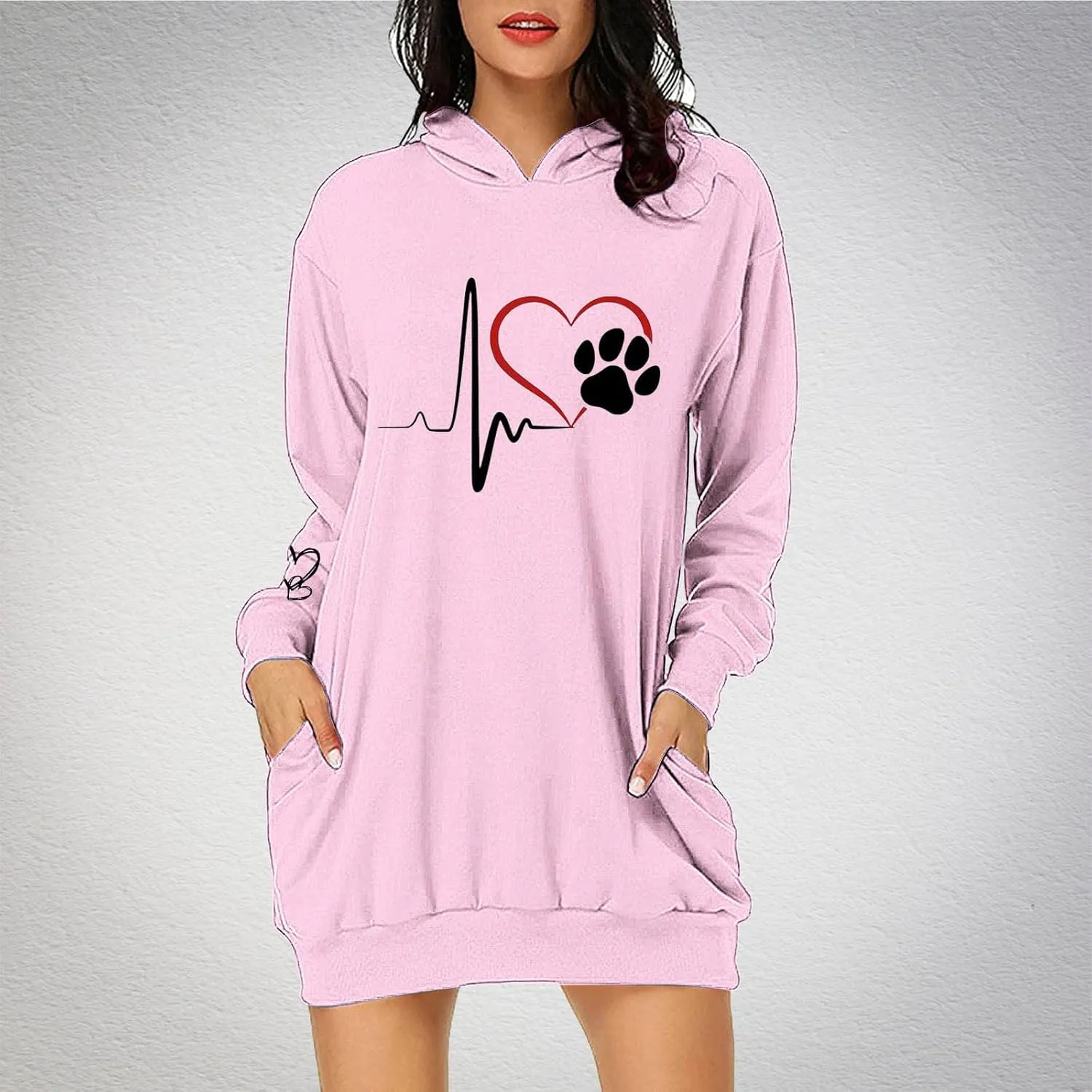 Heartbeat Paw Hoodie Dress for Women Long Sleeve Hooded Sweatshirt with Pockets Casual Oversize Pullover Fall Lounge