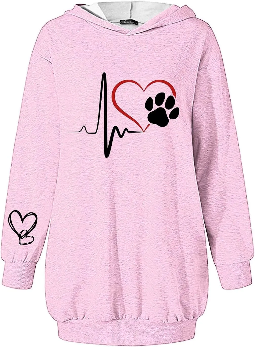 Heartbeat Paw Hoodie Dress for Women Long Sleeve Hooded Sweatshirt with Pockets Casual Oversize Pullover Fall Lounge