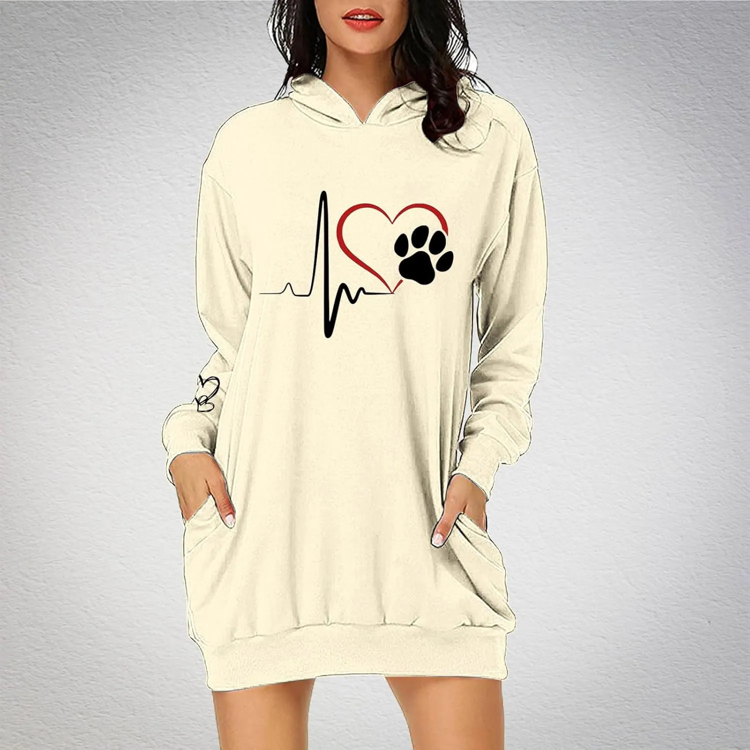 Heartbeat Paw Hoodie Dress for Women Long Sleeve Hooded Sweatshirt with Pockets Casual Oversize Pullover Fall Lounge