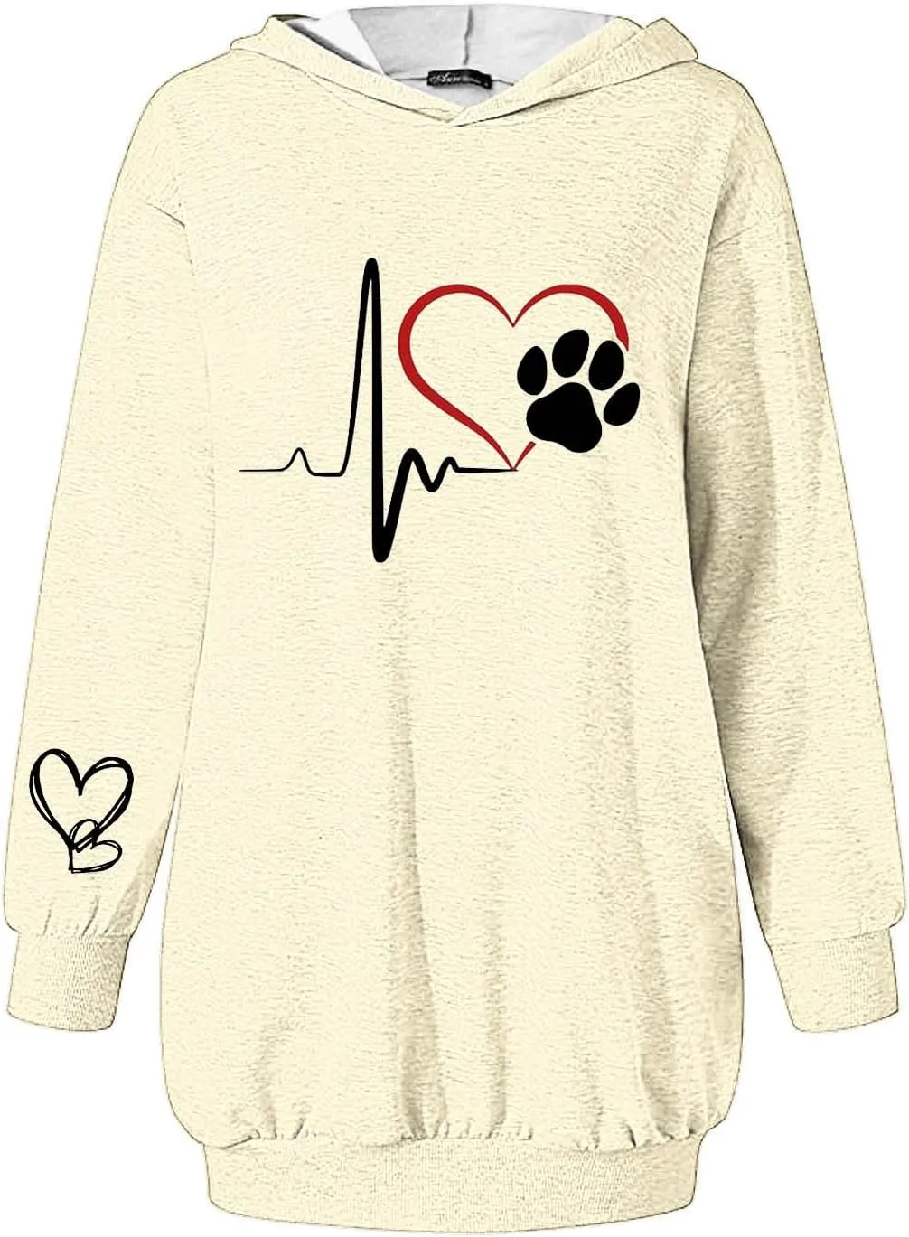 Heartbeat Paw Hoodie Dress for Women Long Sleeve Hooded Sweatshirt with Pockets Casual Oversize Pullover Fall Lounge