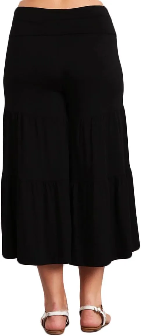 HEYHUN Women's Solid Tie Dye Wide Leg Flared Capri Boho Gaucho Pants w/Lace Detail