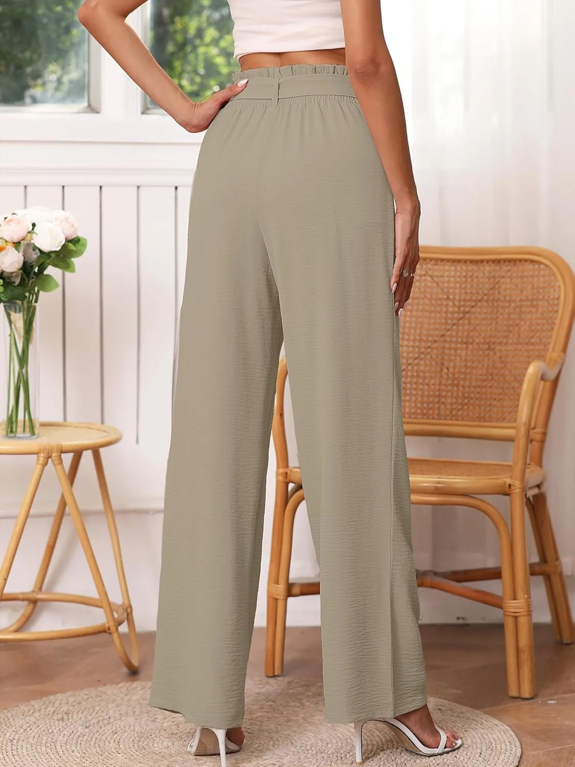 Heymoments Women's Wide Leg Lounge Pants with Pockets Lightweight High Waisted Palazzo Adjustable Tie Knot Flowy Trousers