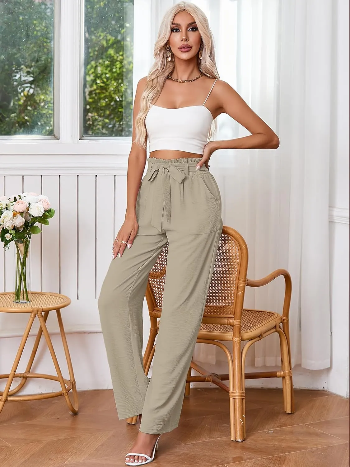 Heymoments Women's Wide Leg Lounge Pants with Pockets Lightweight High Waisted Palazzo Adjustable Tie Knot Flowy Trousers