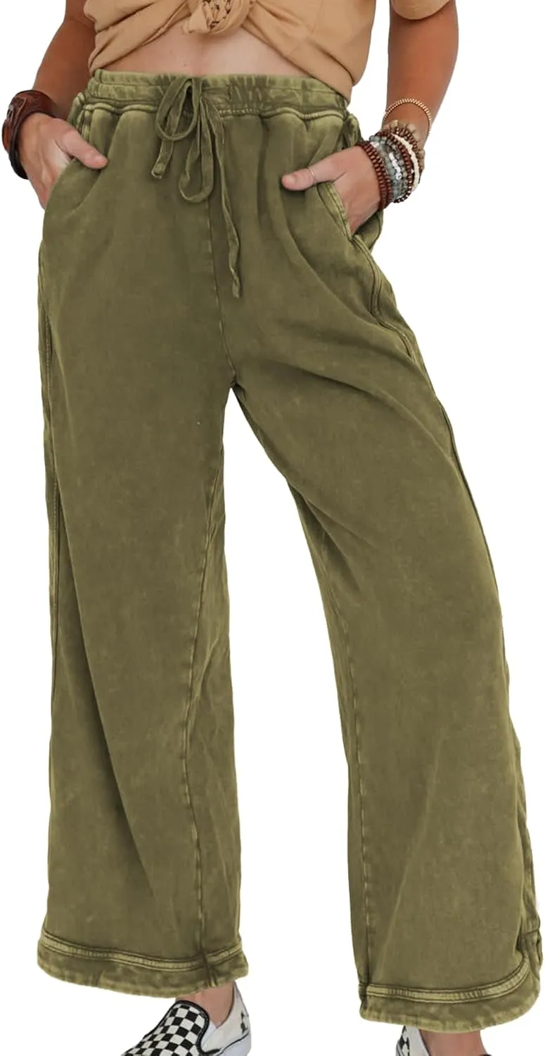 Hixiaohe Women's Casual Wide Leg Sweatpants High Waist Baggy Acid Wash Pants Drawstring Athletic Palazzo Pants with Pockets