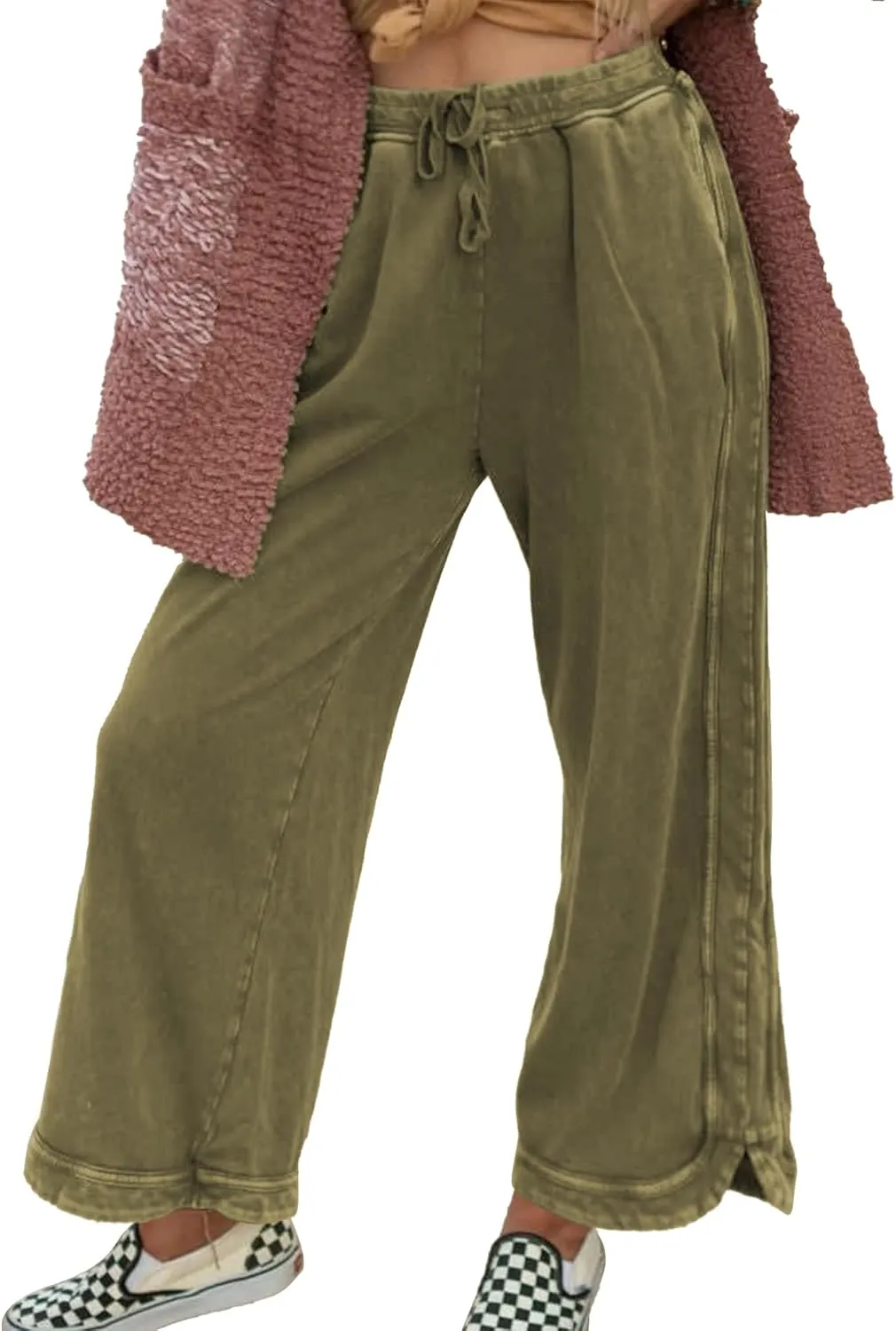 Hixiaohe Women's Casual Wide Leg Sweatpants High Waist Baggy Acid Wash Pants Drawstring Athletic Palazzo Pants with Pockets