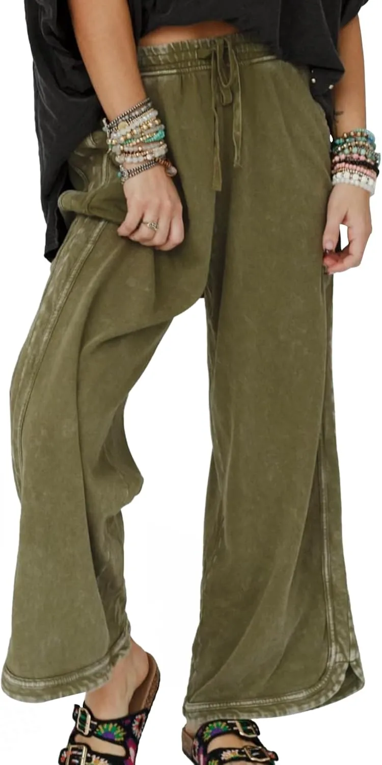 Hixiaohe Women's Casual Wide Leg Sweatpants High Waist Baggy Acid Wash Pants Drawstring Athletic Palazzo Pants with Pockets