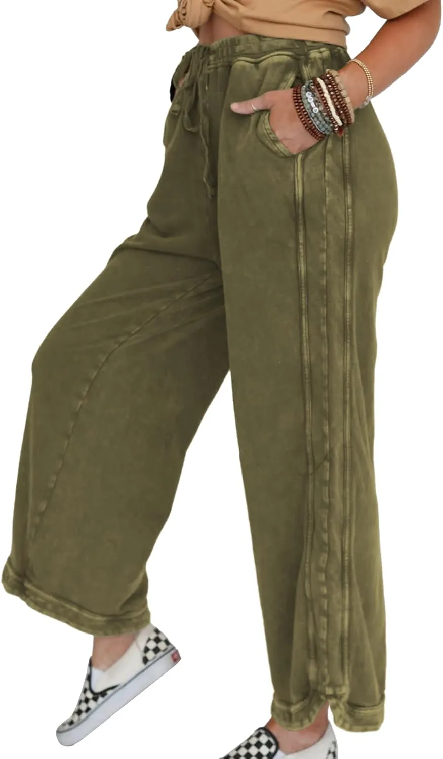 Hixiaohe Women's Casual Wide Leg Sweatpants High Waist Baggy Acid Wash Pants Drawstring Athletic Palazzo Pants with Pockets