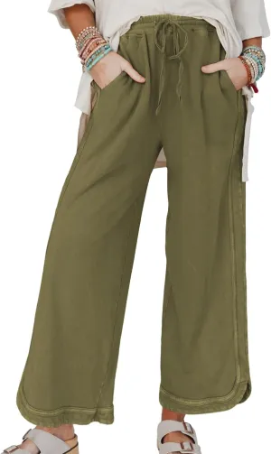 Hixiaohe Women's Casual Wide Leg Sweatpants High Waist Baggy Acid Wash Pants Drawstring Athletic Palazzo Pants with Pockets