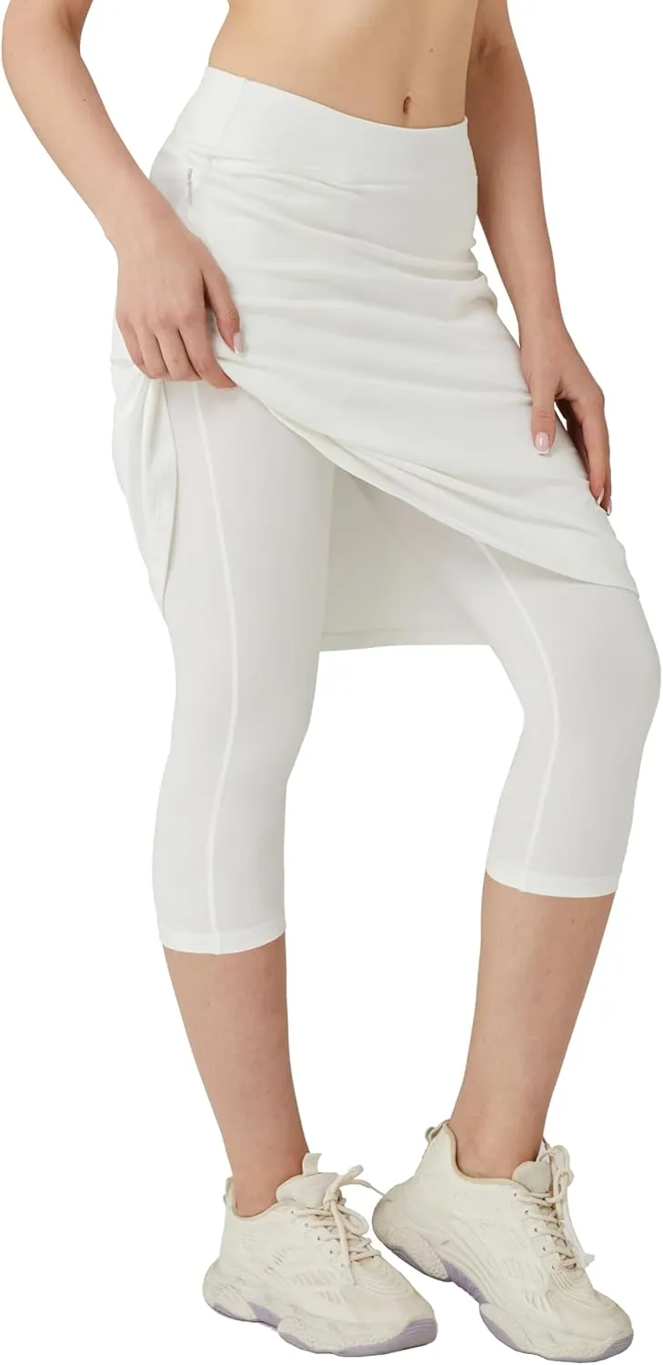 HOKOYI Women 20" Athletic Knee Length Skirt with Leggings Attached Modest Skirted Capris Zipper Pockets