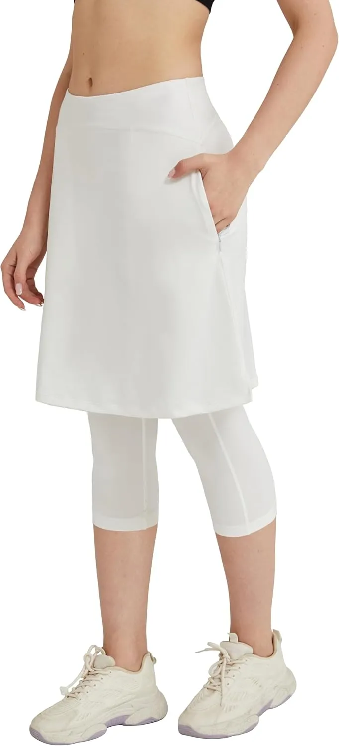 HOKOYI Women 20" Athletic Knee Length Skirt with Leggings Attached Modest Skirted Capris Zipper Pockets
