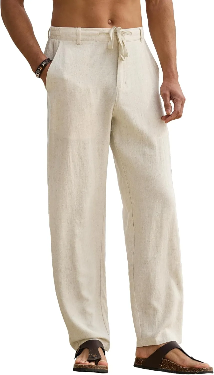 HOTake Men's Linen Pants Casual Beach Summer Vacation Linen Dress Pants Loose Fit