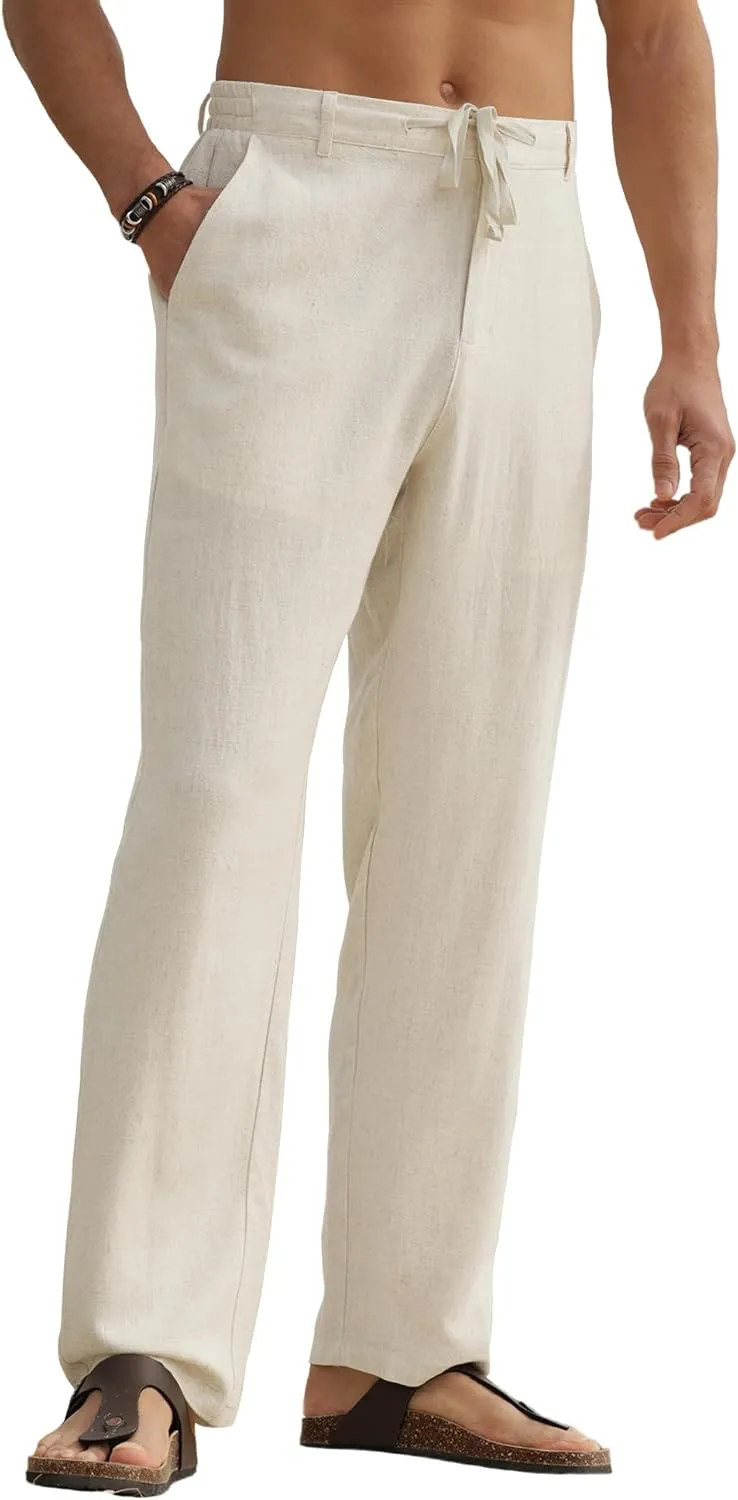 HOTake Men's Linen Pants Casual Beach Summer Vacation Linen Dress Pants Loose Fit