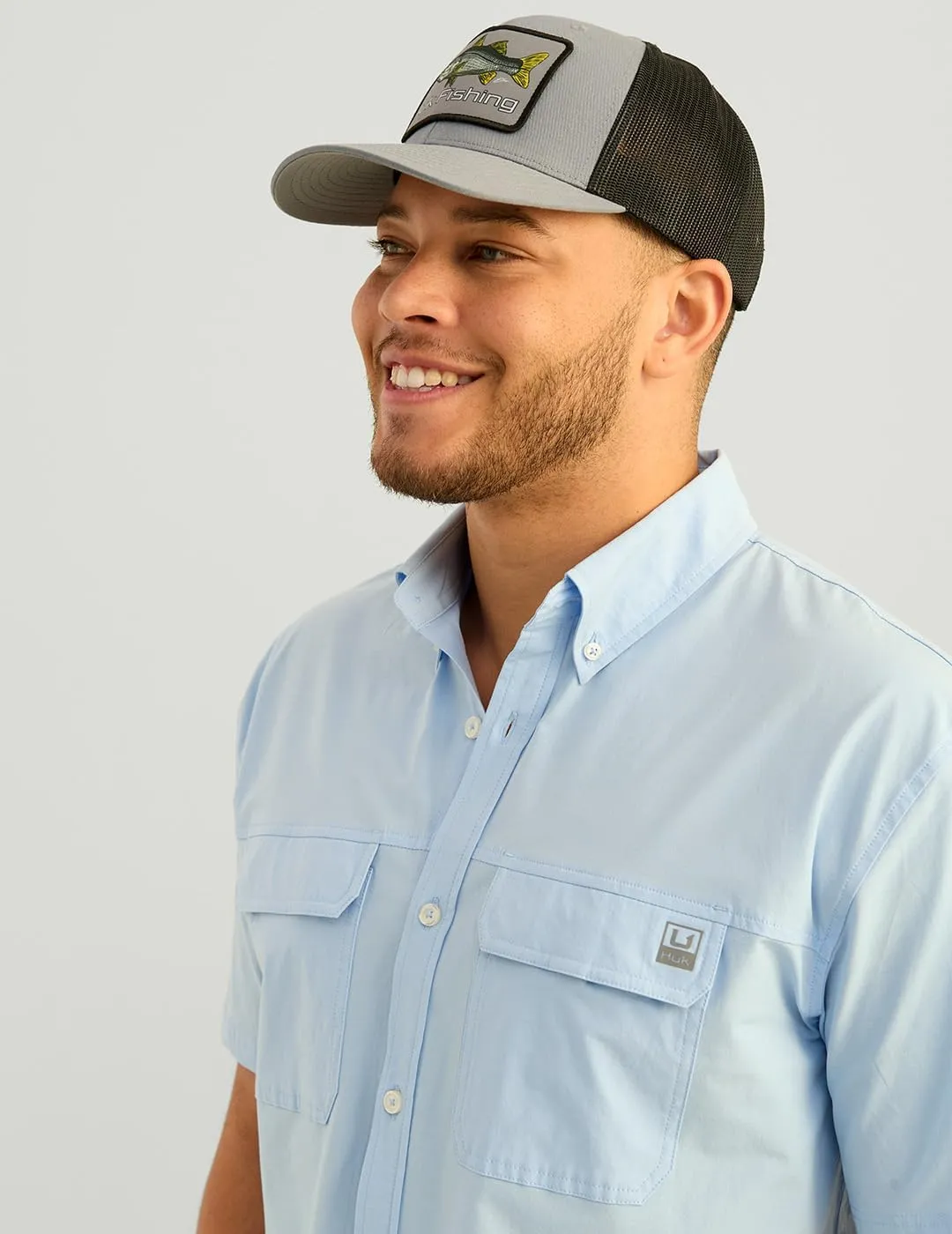 HUK Mens Next Level Solid Short Sleeve Fishing Button Down Shirt for Men
